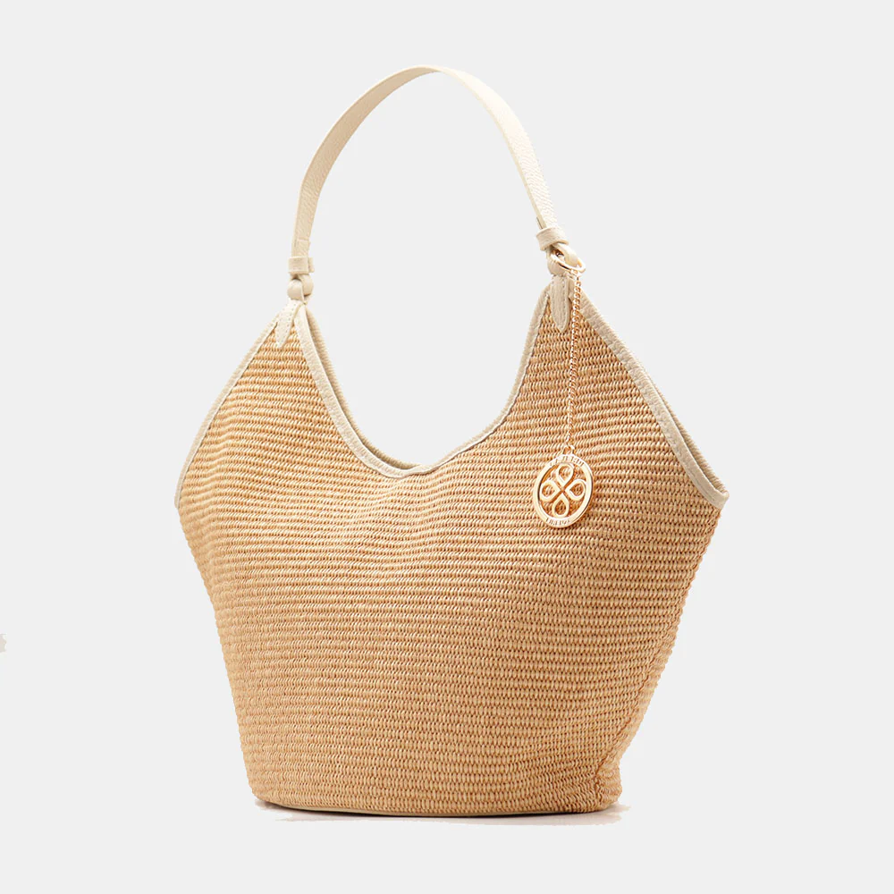 Borsa Donna a Spalla Grande VIAVERDI in Rafia e Pelle Avorio Made in Italy linea Cortona - Image 3