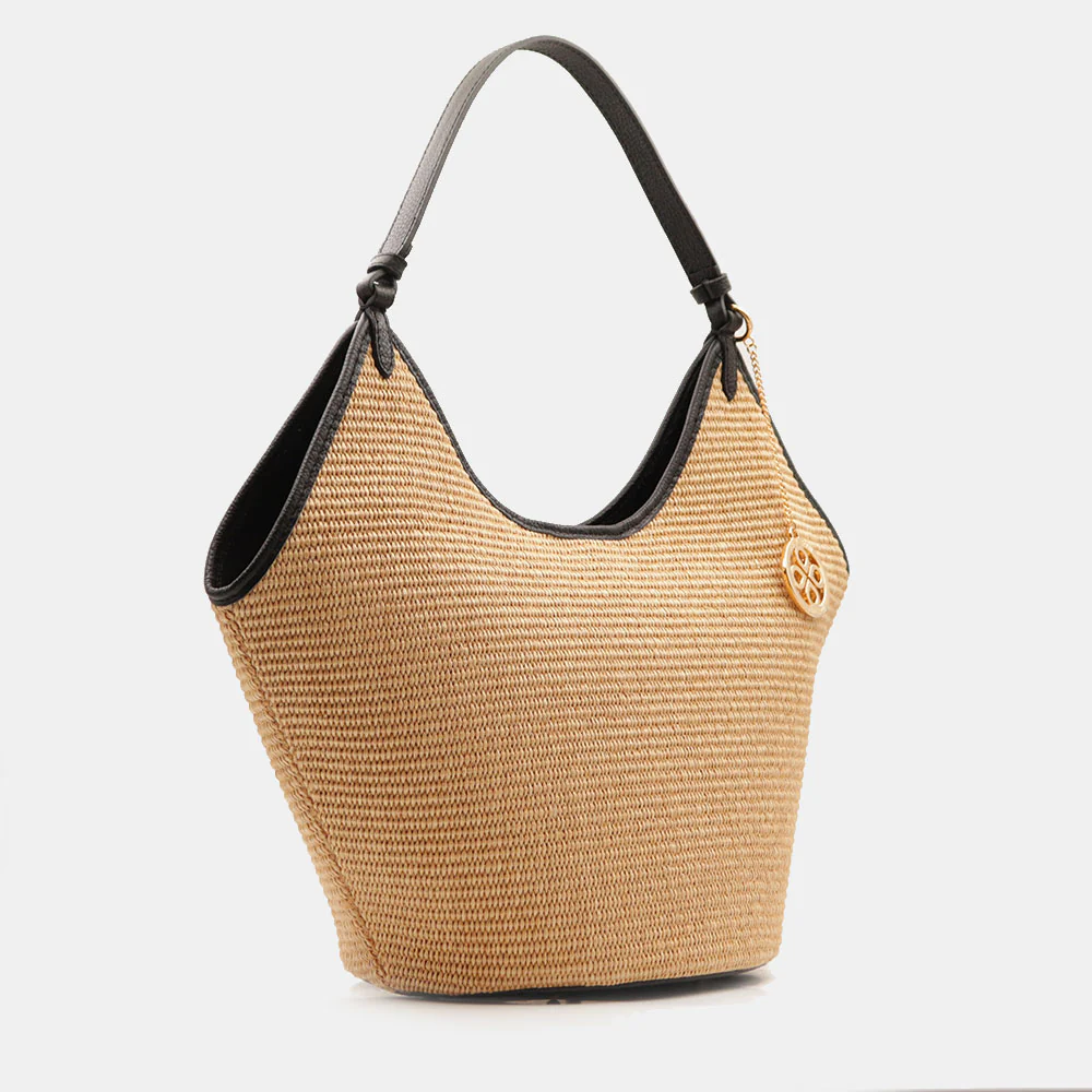 Borsa Donna a Spalla Grande VIAVERDI in Rafia e Pelle Nera Made in Italy linea Cortona - Image 4