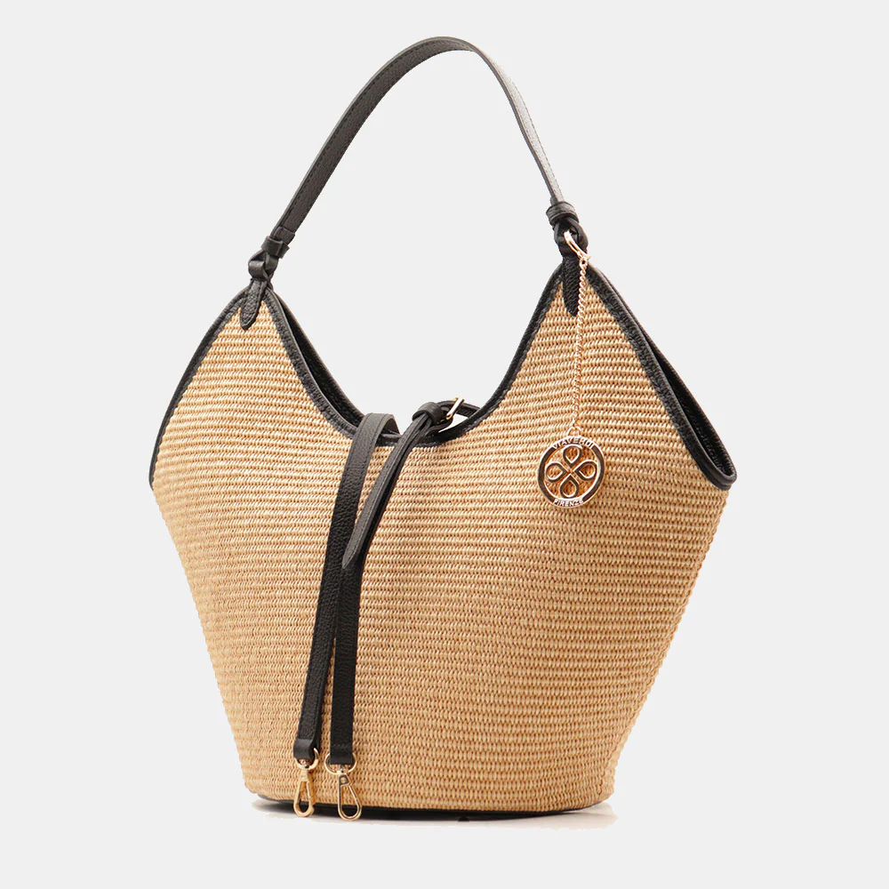 Borsa Donna a Spalla Grande VIAVERDI in Rafia e Pelle Nera Made in Italy linea Cortona - Image 6