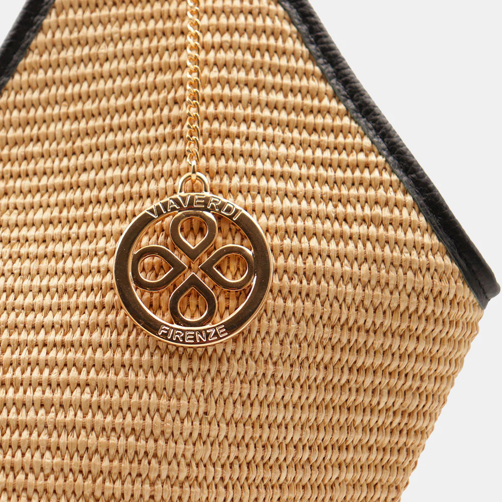 Borsa Donna a Spalla Grande VIAVERDI in Rafia e Pelle Nera Made in Italy linea Cortona - Image 9