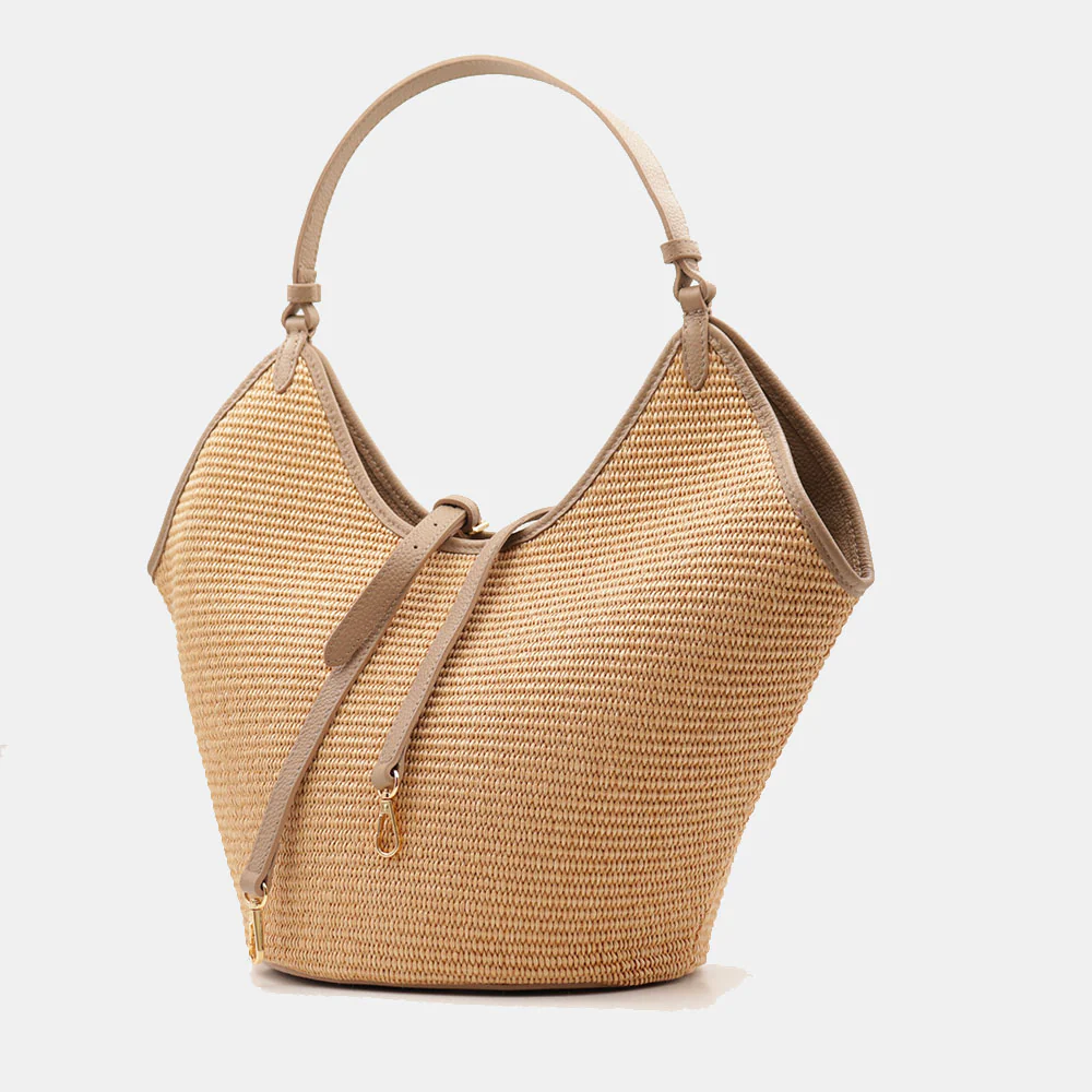 Borsa Donna a Spalla Grande VIAVERDI in Rafia e Pelle Taupe Made in Italy linea Cortona - Image 5