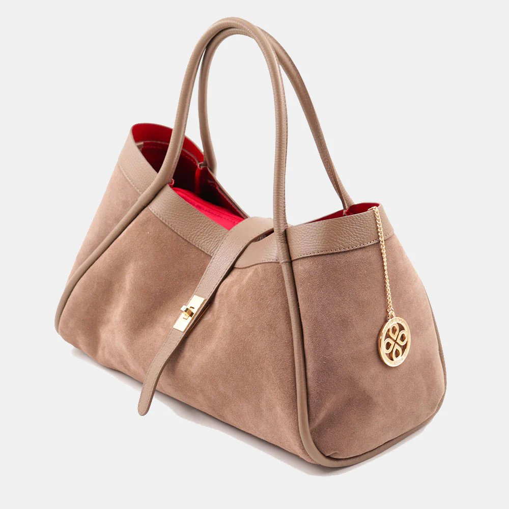 Borsa Donna a Spalla VIAVERDI in Camoscio e Pelle Taupe Made in Italy linea Cortona - Image 3