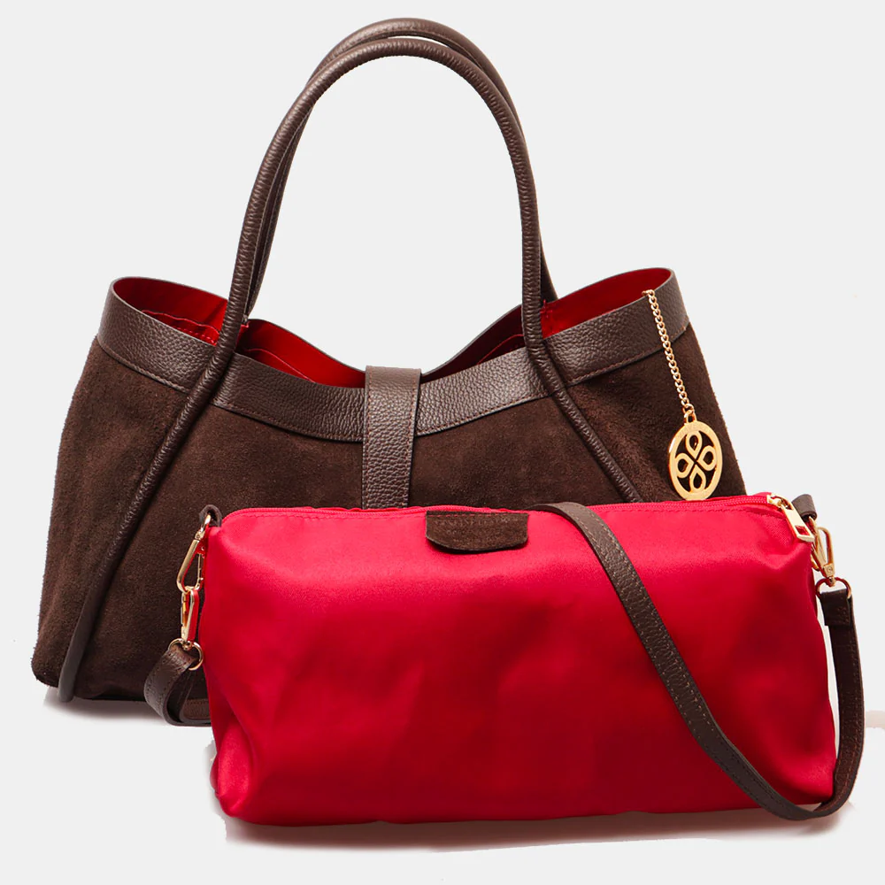 Borsa Donna a Spalla VIAVERDI in Camoscio e Pelle Testa di Moro Made in Italy linea Cortona - Image 9