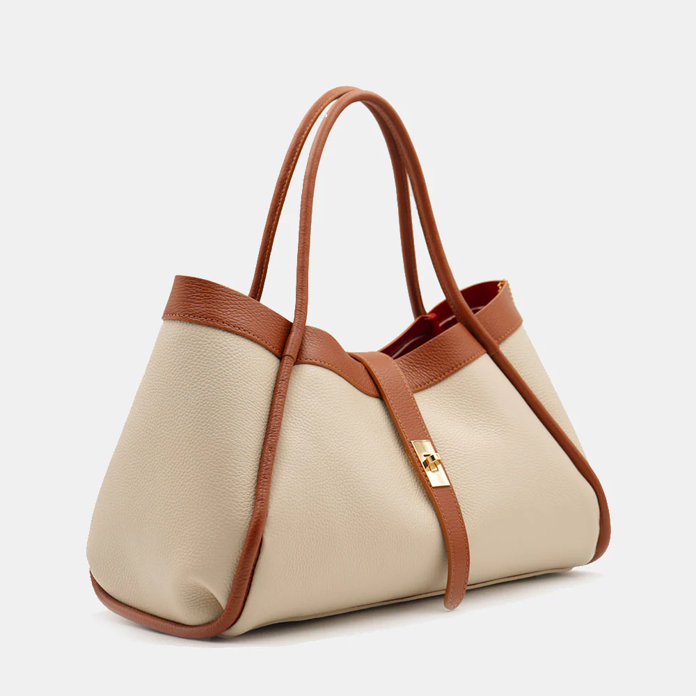 Borsa Donna a Spalla VIAVERDI in Pelle Beige e Cuoio Made in Italy linea Cortona - Image 5