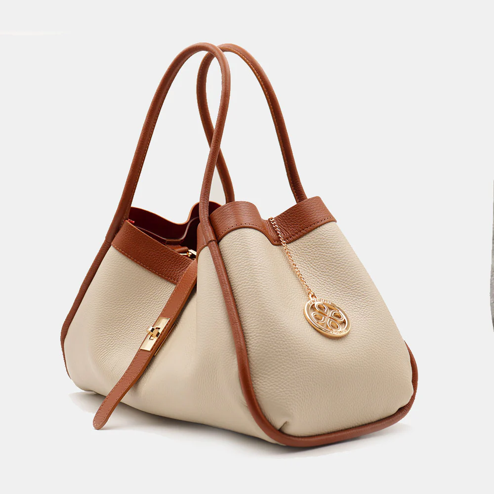 Borsa Donna a Spalla VIAVERDI in Pelle Beige e Cuoio Made in Italy linea Cortona - Image 7