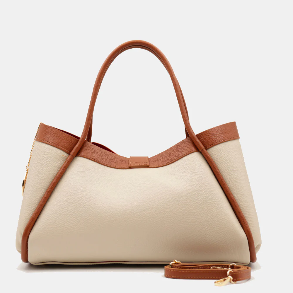 Borsa Donna a Spalla VIAVERDI in Pelle Beige e Cuoio Made in Italy linea Cortona - Image 9