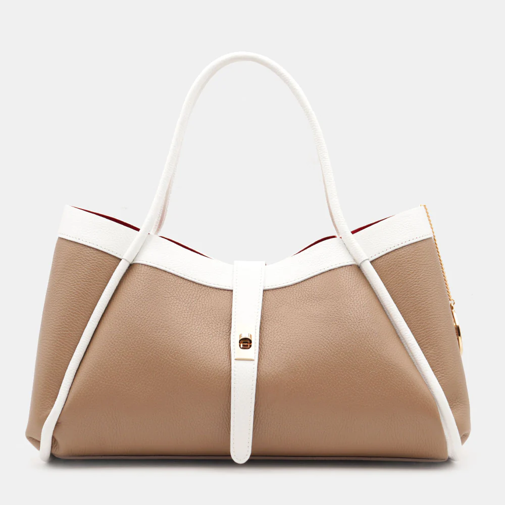 Borsa Donna a Spalla VIAVERDI in Pelle Taupe e Bianca Made in Italy linea Cortona