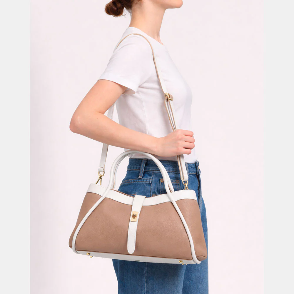Borsa Donna a Spalla VIAVERDI in Pelle Taupe e Bianca Made in Italy linea Cortona - Image 11