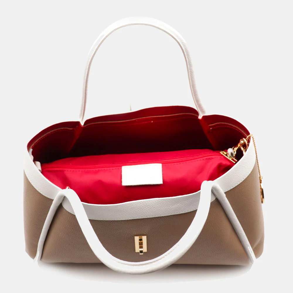 Borsa Donna a Spalla VIAVERDI in Pelle Taupe e Bianca Made in Italy linea Cortona - Image 12