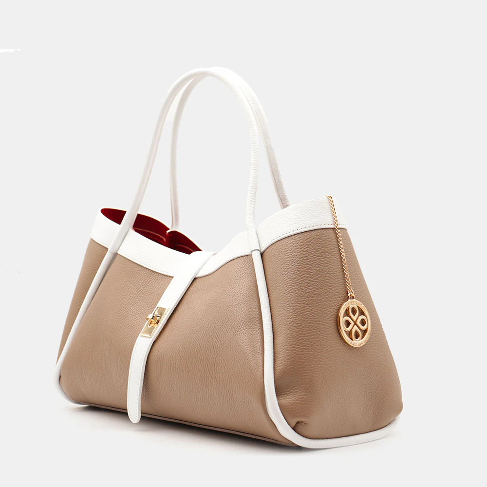 Borsa Donna a Spalla VIAVERDI in Pelle Taupe e Bianca Made in Italy linea Cortona - Image 3