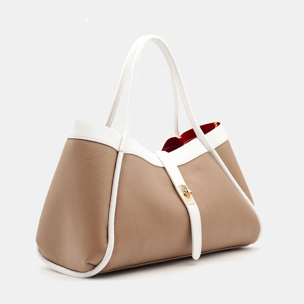 Borsa Donna a Spalla VIAVERDI in Pelle Taupe e Bianca Made in Italy linea Cortona - Image 5