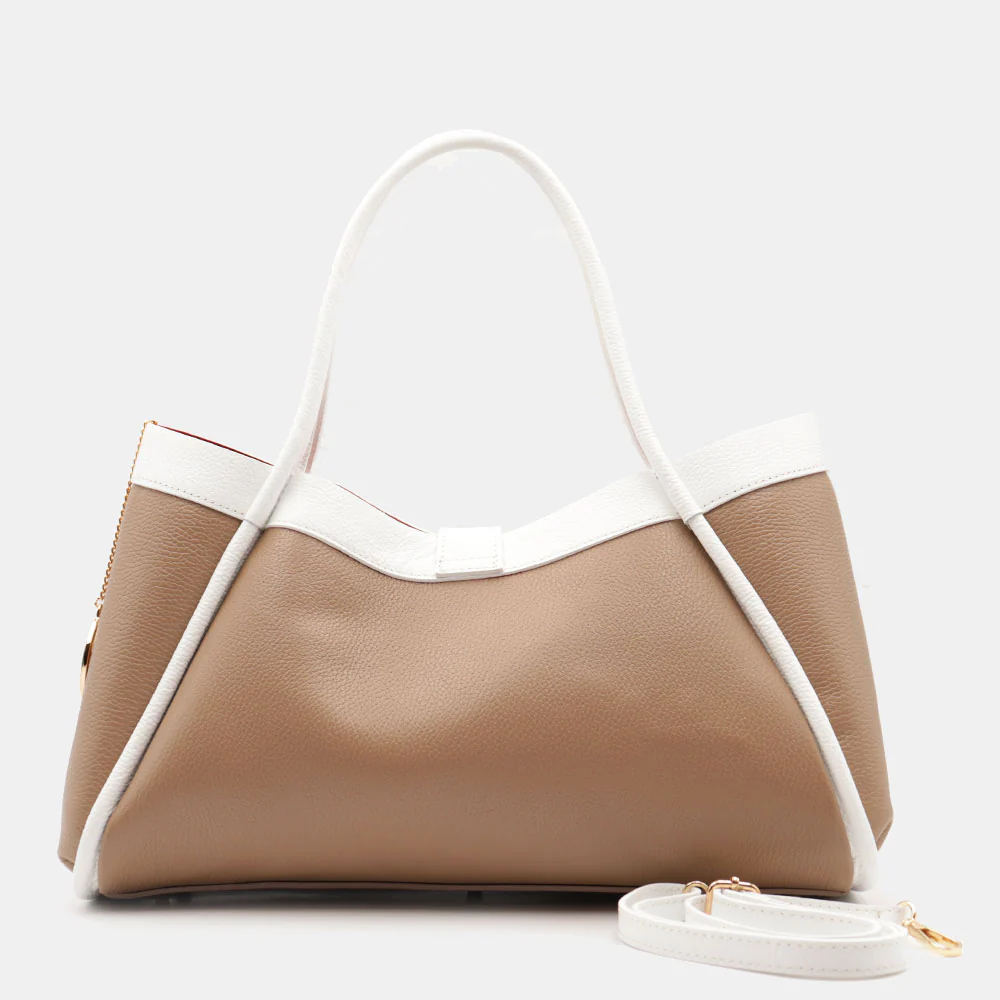 Borsa Donna a Spalla VIAVERDI in Pelle Taupe e Bianca Made in Italy linea Cortona - Image 6