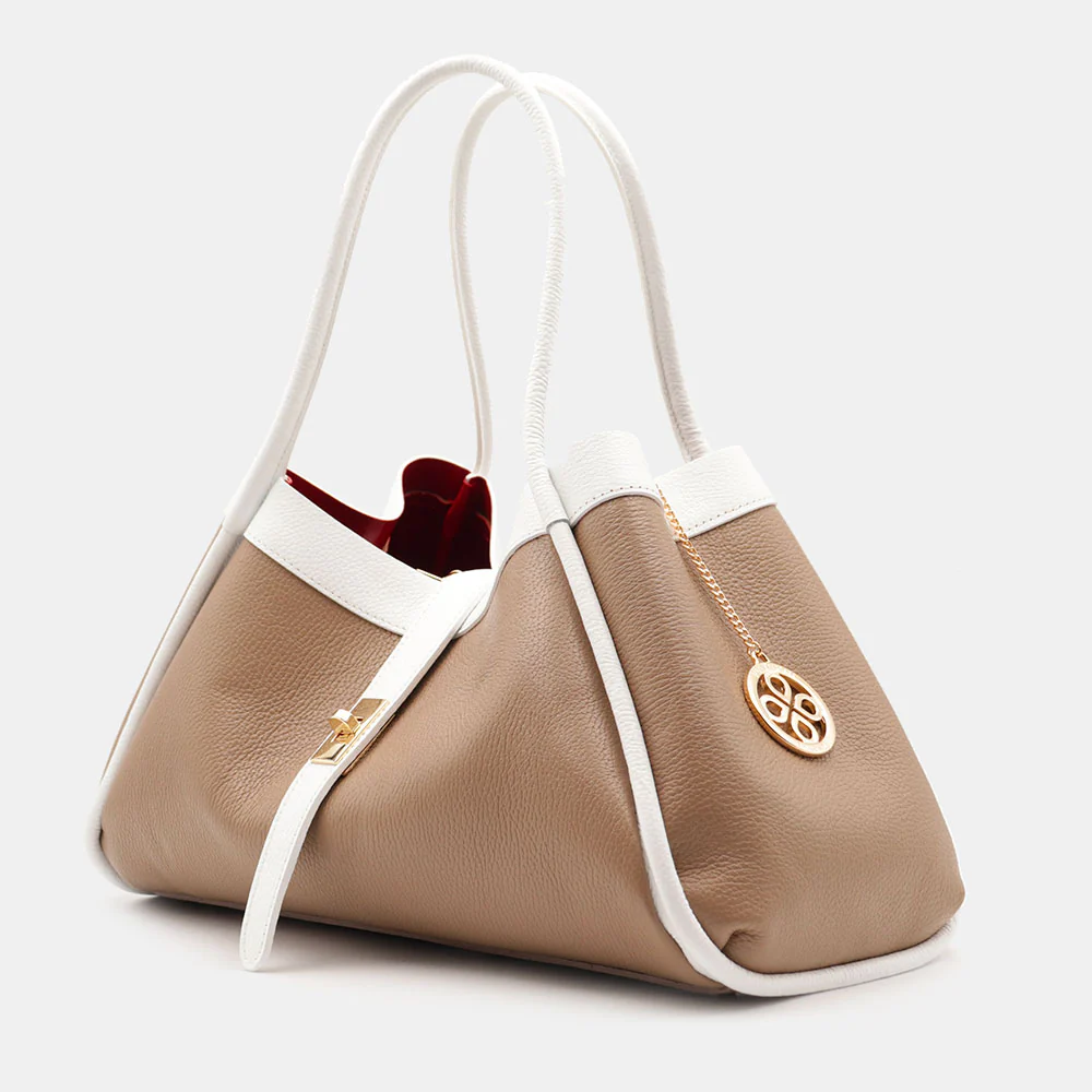 Borsa Donna a Spalla VIAVERDI in Pelle Taupe e Bianca Made in Italy linea Cortona - Image 8