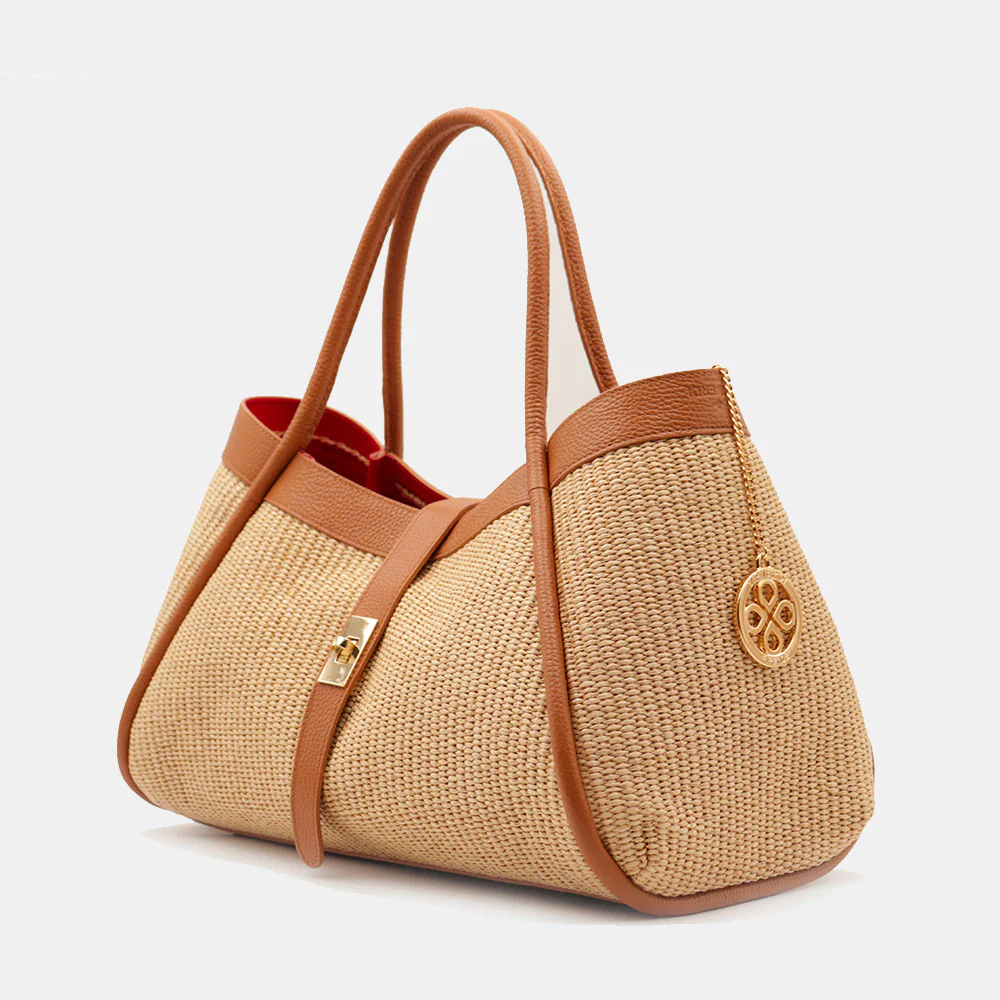 Borsa Donna a Spalla VIAVERDI in Rafia e Pelle Marrone Made in Italy linea Cortona - Image 3