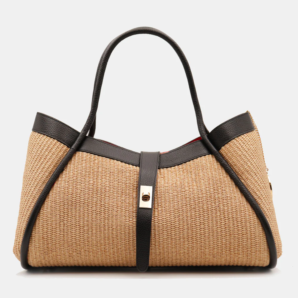Borsa Donna a Spalla VIAVERDI in Rafia e Pelle Nera Made in Italy linea Cortona