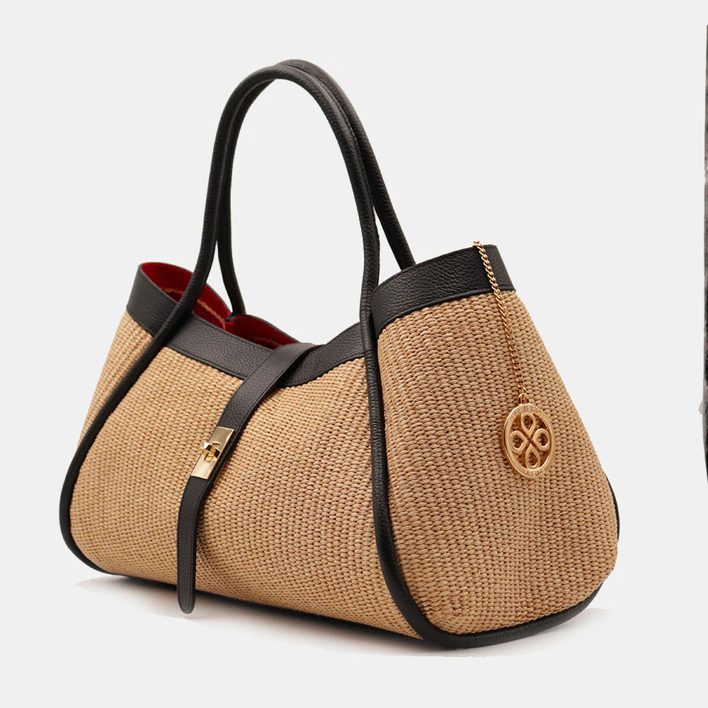 Borsa Donna a Spalla VIAVERDI in Rafia e Pelle Nera Made in Italy linea Cortona - Image 3