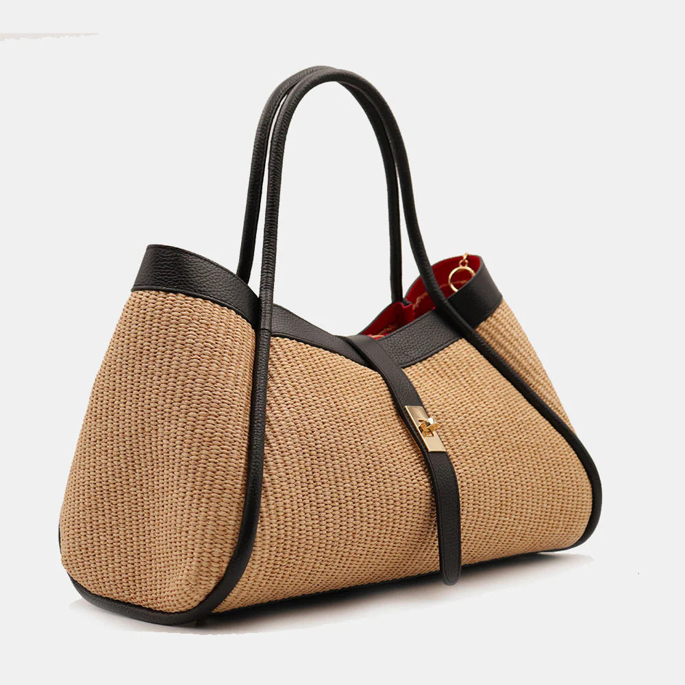 Borsa Donna a Spalla VIAVERDI in Rafia e Pelle Nera Made in Italy linea Cortona - Image 5