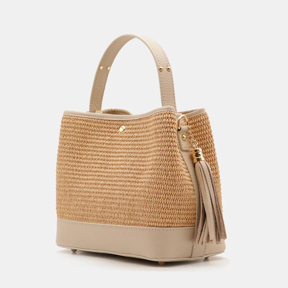 Borsa Donna Secchiello a Mano VIAVERDI in Pelle Beige e Rafia Made in Italy linea Fiesole - Image 3