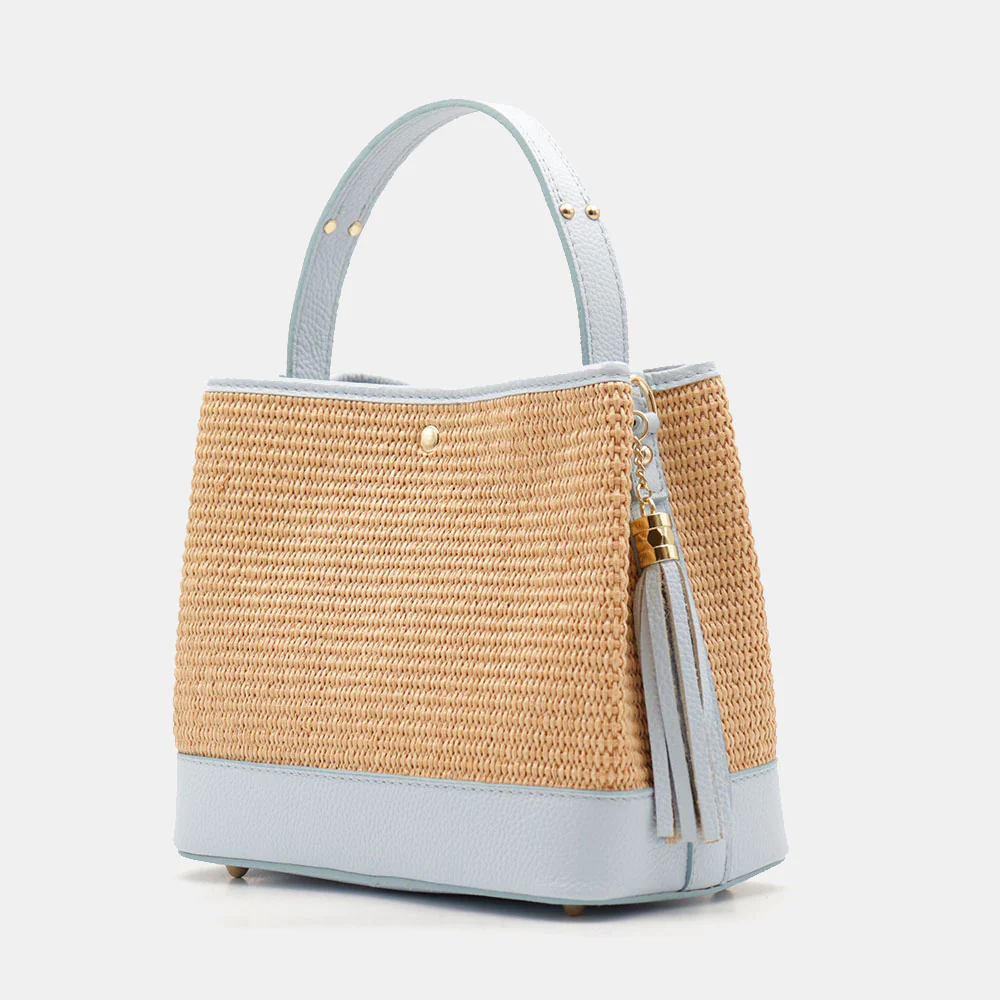 Borsa Donna Secchiello a Mano VIAVERDI in Pelle Celeste e Rafia Made in Italy linea Fiesole - Image 3