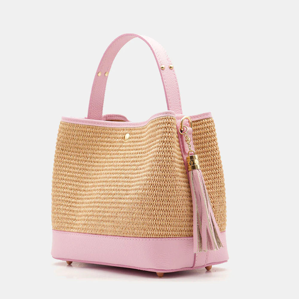 Borsa Donna Secchiello a Mano VIAVERDI in Pelle Rosa e Rafia Made in Italy linea Fiesole - Image 3
