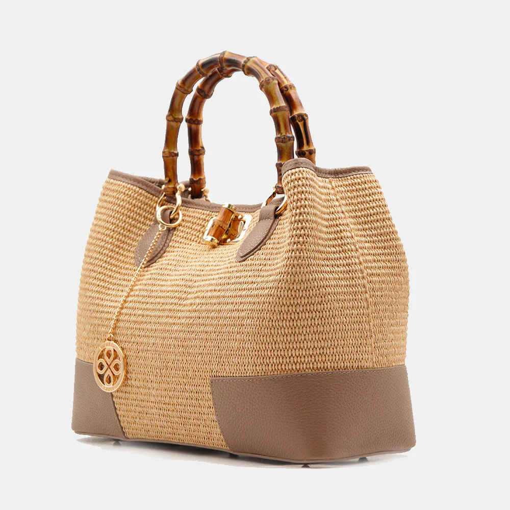 Borsa Grande a Mano VIAVERDI in Rafia e Pelle Taupe Made in Italy linea Volterra - Image 3