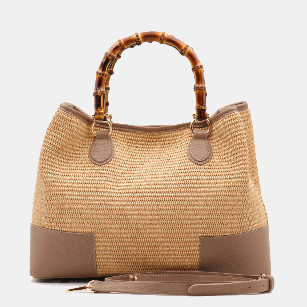 Borsa Grande a Mano VIAVERDI in Rafia e Pelle Taupe Made in Italy linea Volterra - Image 5