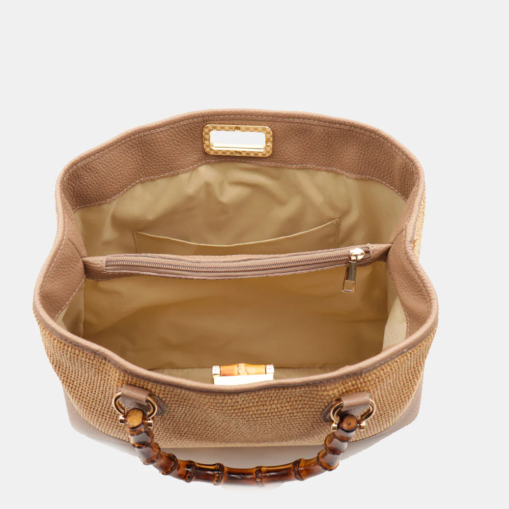 Borsa Grande a Mano VIAVERDI in Rafia e Pelle Taupe Made in Italy linea Volterra - Image 8