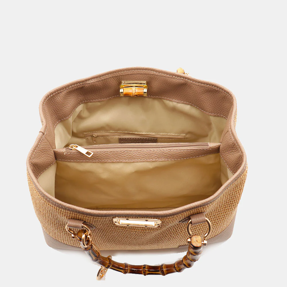 Borsa Grande a Mano VIAVERDI in Rafia e Pelle Taupe Made in Italy linea Volterra - Image 9