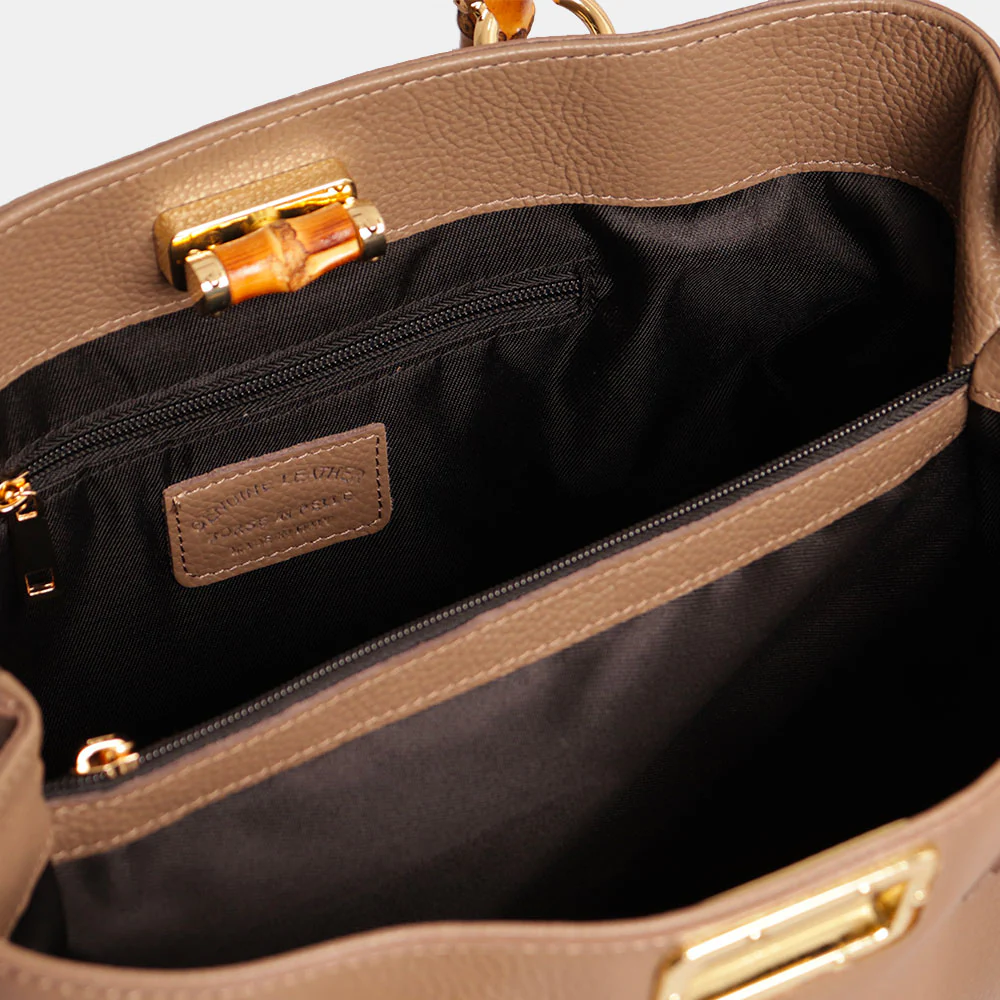 Borsa Grande VIAVERDI in Pelle Taupe Made in Italy linea Volterra - Image 8
