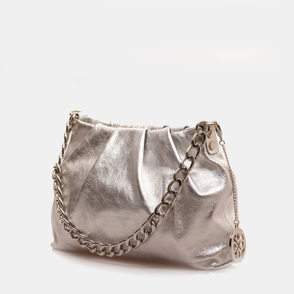 Borsa Hobo a Spalla con Catena VIAVERDI in Pelle Argento Made in Italy linea Monteriggioni - Image 2