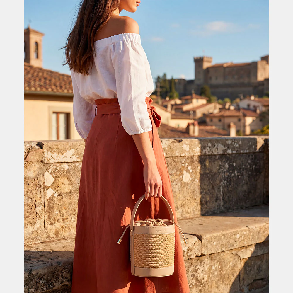 Borsa Secchiello a Mano VIAVERDI in Rafia e Pelle Beige Made in Italy linea Pienza - Image 2