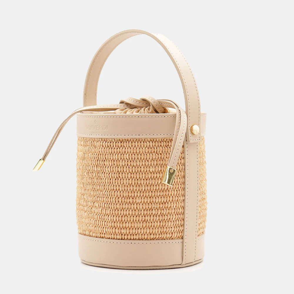 Borsa Secchiello a Mano VIAVERDI in Rafia e Pelle Beige Made in Italy linea Pienza - Image 3