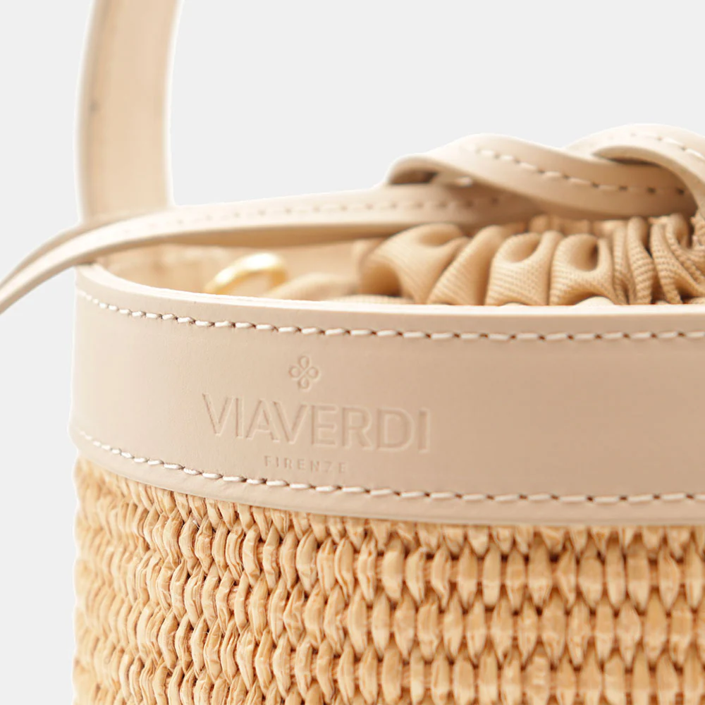 Borsa Secchiello a Mano VIAVERDI in Rafia e Pelle Beige Made in Italy linea Pienza - Image 7