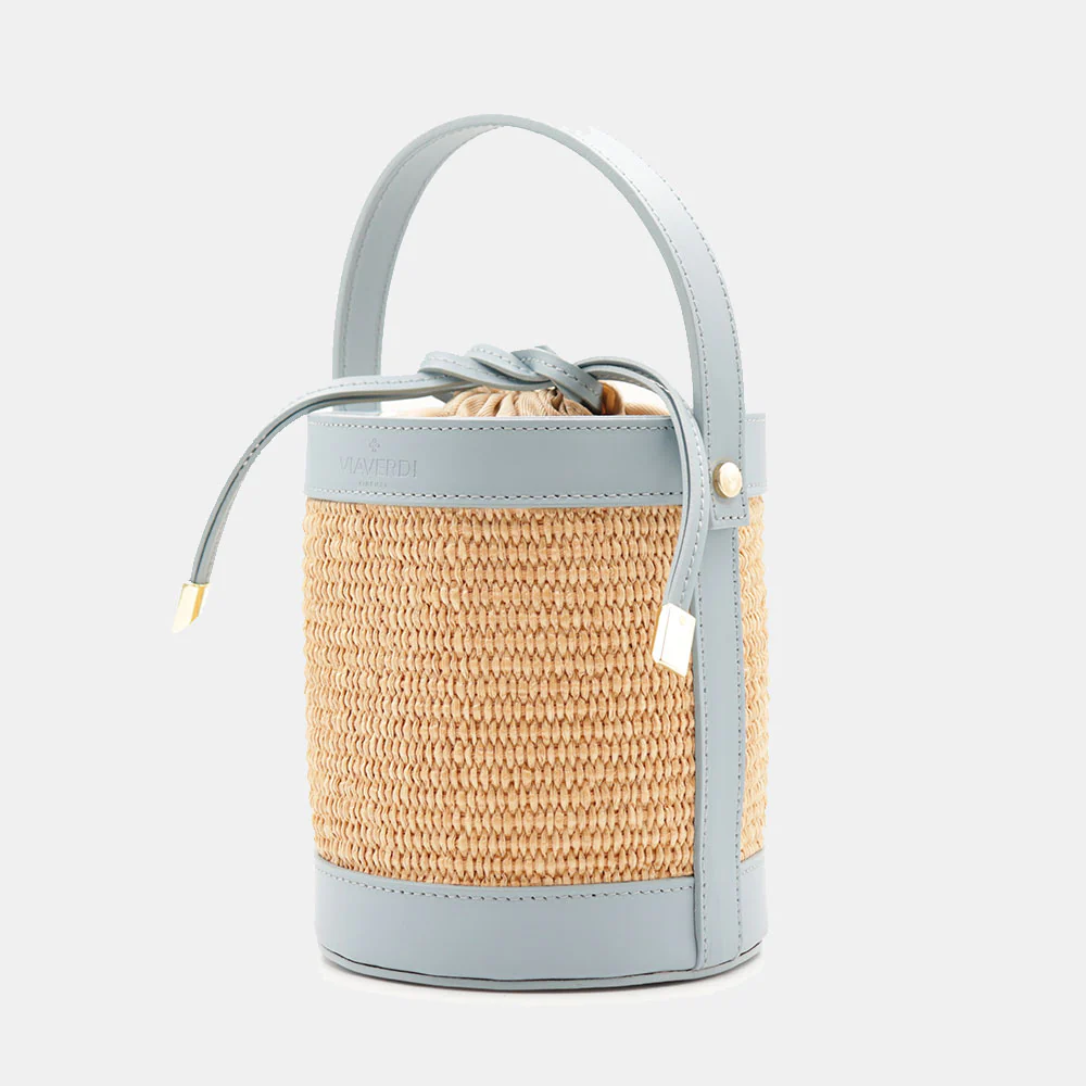 Borsa Secchiello a Mano VIAVERDI in Rafia e Pelle Celeste Made in Italy linea Pienza - Image 3
