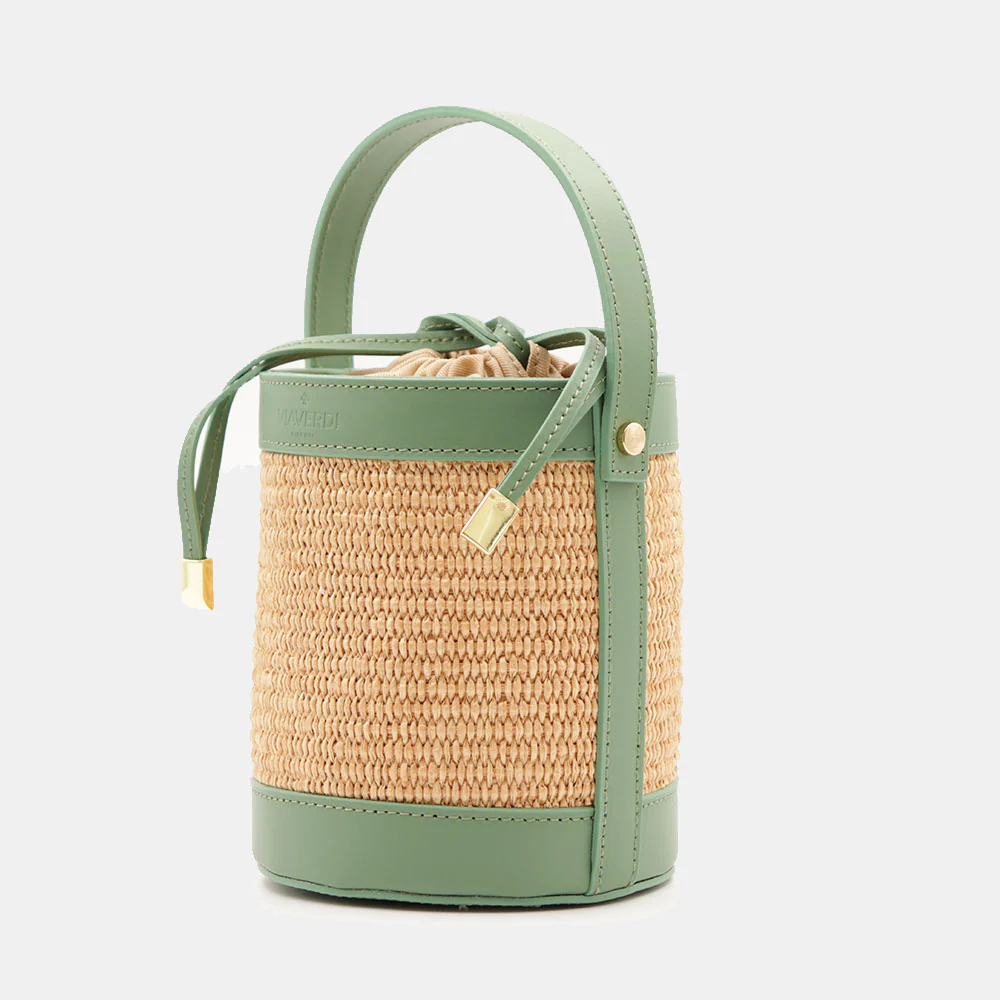 Borsa Secchiello a Mano VIAVERDI in Rafia e Pelle Verde Made in Italy linea Pienza - Image 3
