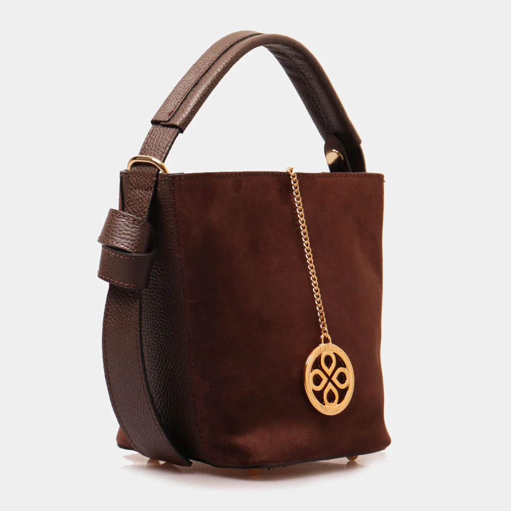 Borsa Secchiello con Pochette VIAVERDI in Camoscio e Pelle Marrone Scuro Made in Italy linea Pienza - Image 2
