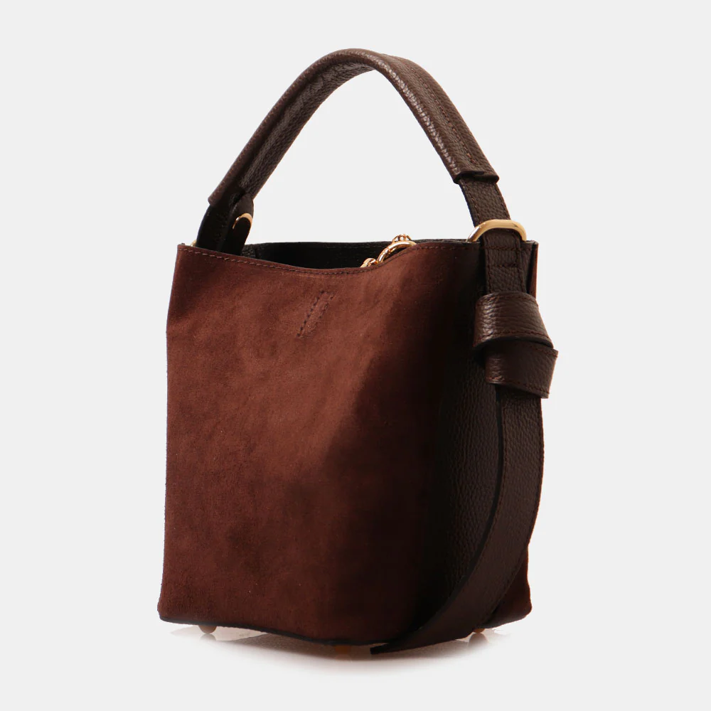 Borsa Secchiello con Pochette VIAVERDI in Camoscio e Pelle Marrone Scuro Made in Italy linea Pienza - Image 3