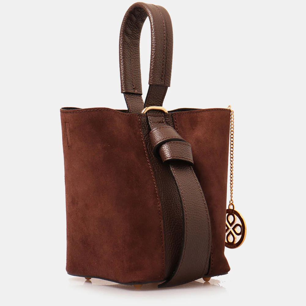 Borsa Secchiello con Pochette VIAVERDI in Camoscio e Pelle Marrone Scuro Made in Italy linea Pienza - Image 4