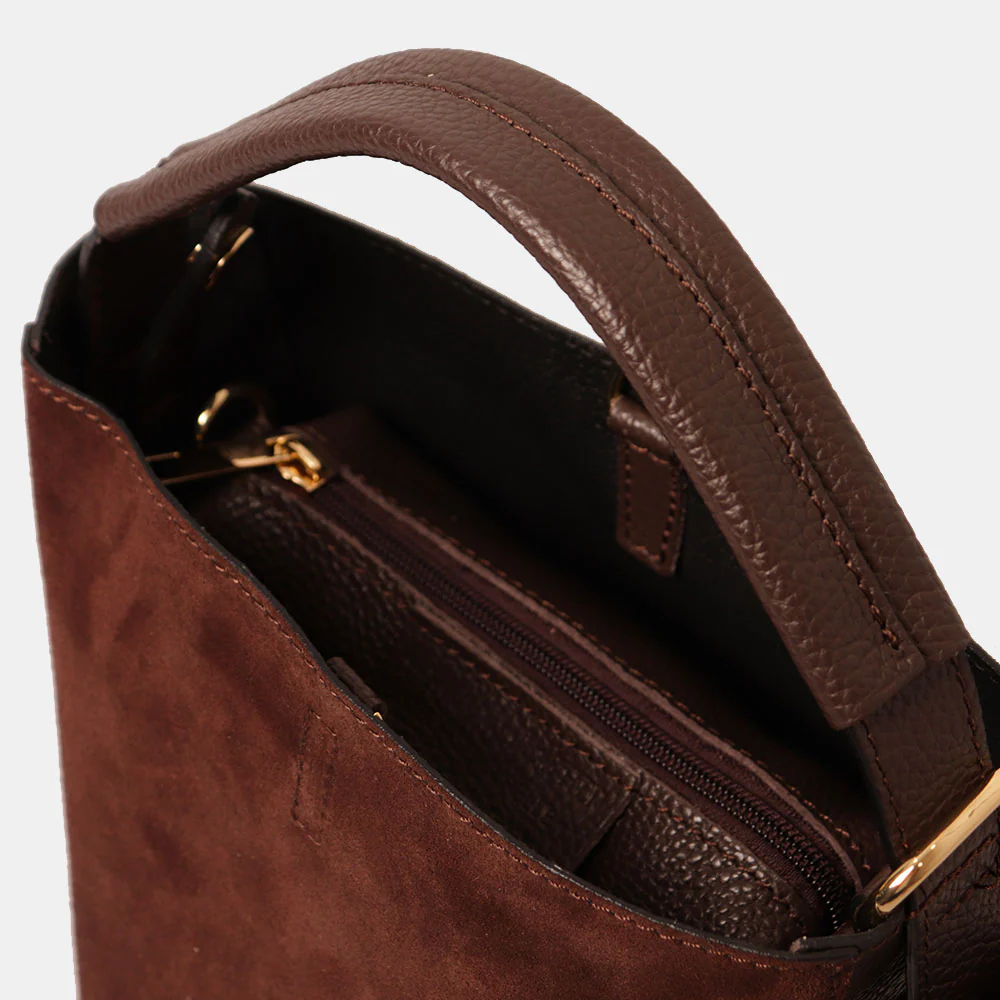 Borsa Secchiello con Pochette VIAVERDI in Camoscio e Pelle Marrone Scuro Made in Italy linea Pienza - Image 7