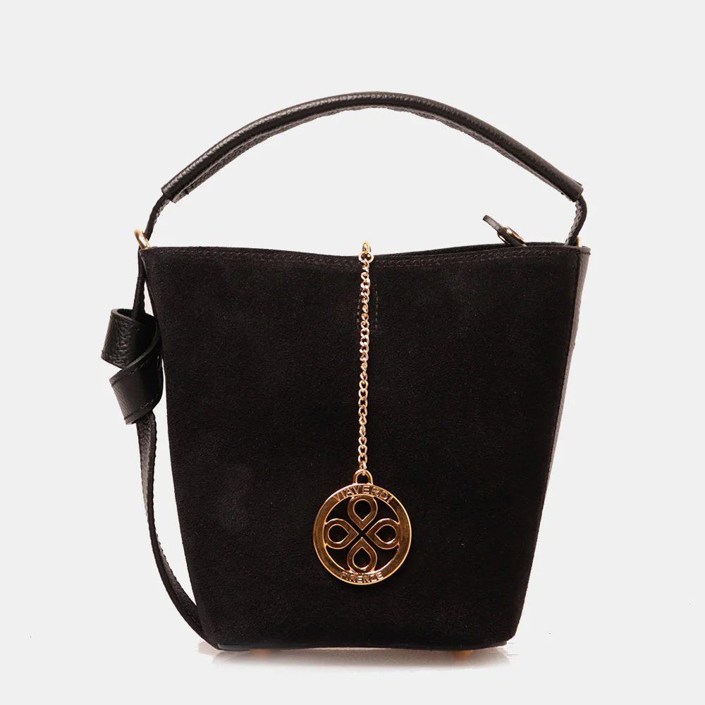 Borsa Secchiello con Pochette VIAVERDI in Camoscio e Pelle Nera Made in Italy linea Pienza