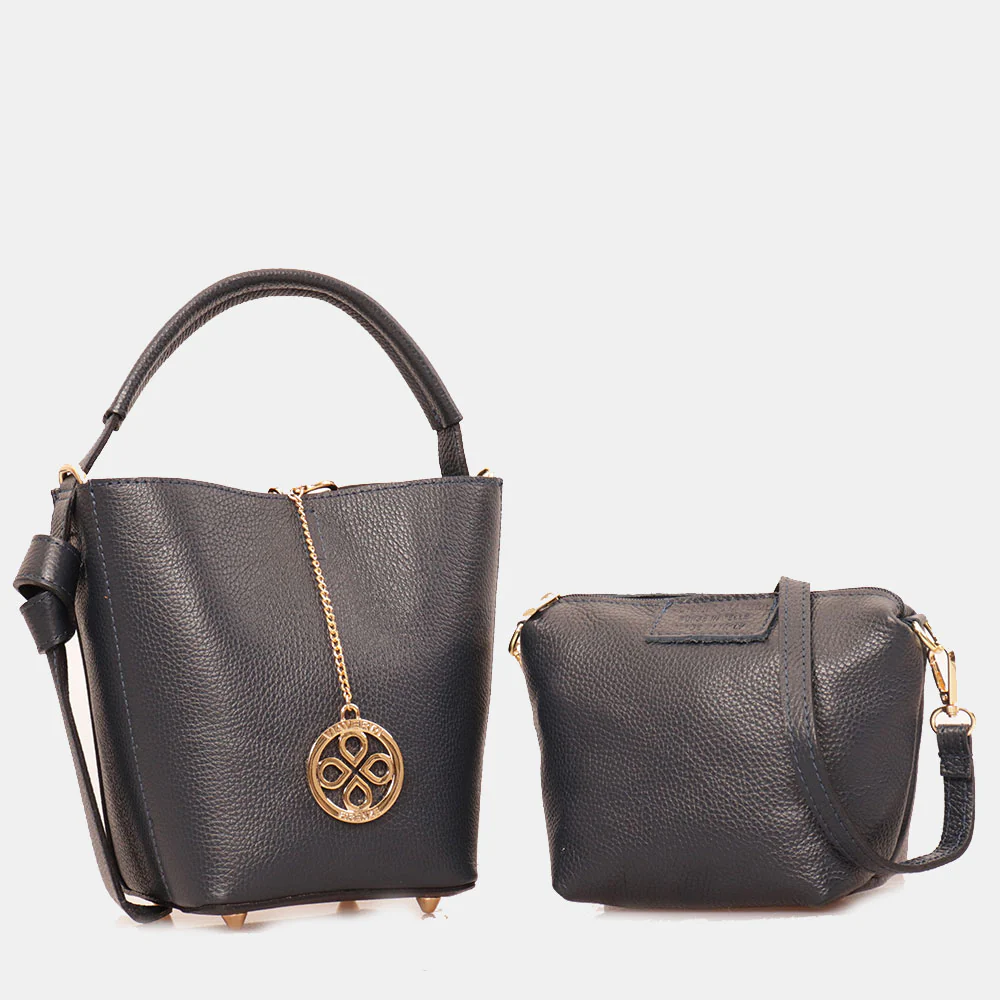Borsa Secchiello con Pochette VIAVERDI in Pelle Blu Made in Italy linea Pienza - Image 3