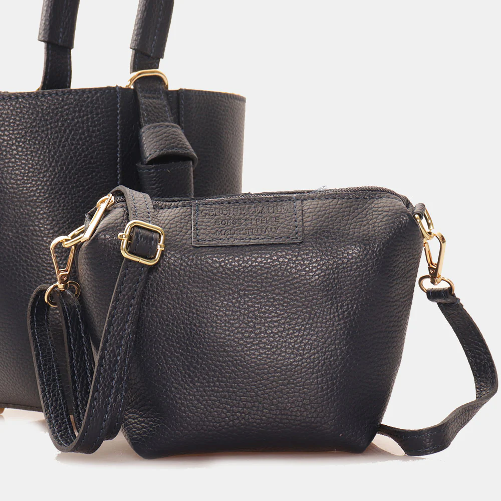 Borsa Secchiello con Pochette VIAVERDI in Pelle Blu Made in Italy linea Pienza - Image 6