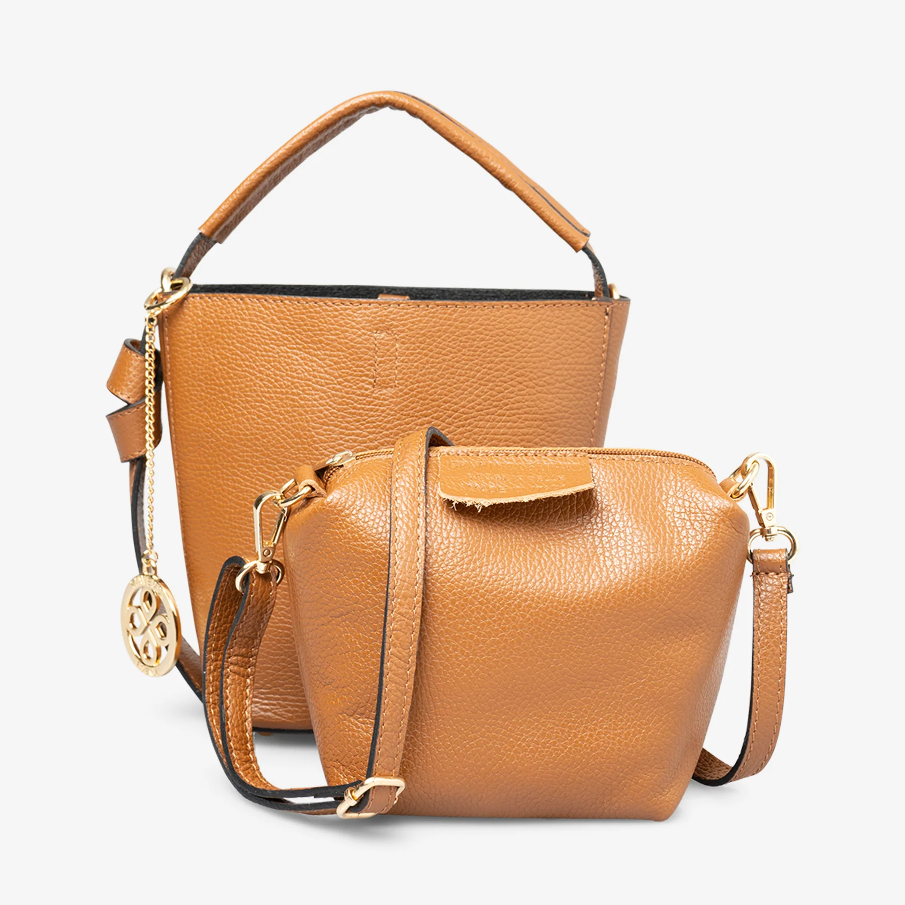 Borsa Secchiello con Tracolla e Pochette VIAVERDI in Pelle Color Cuoio Made in Italy linea Pienza - Image 3