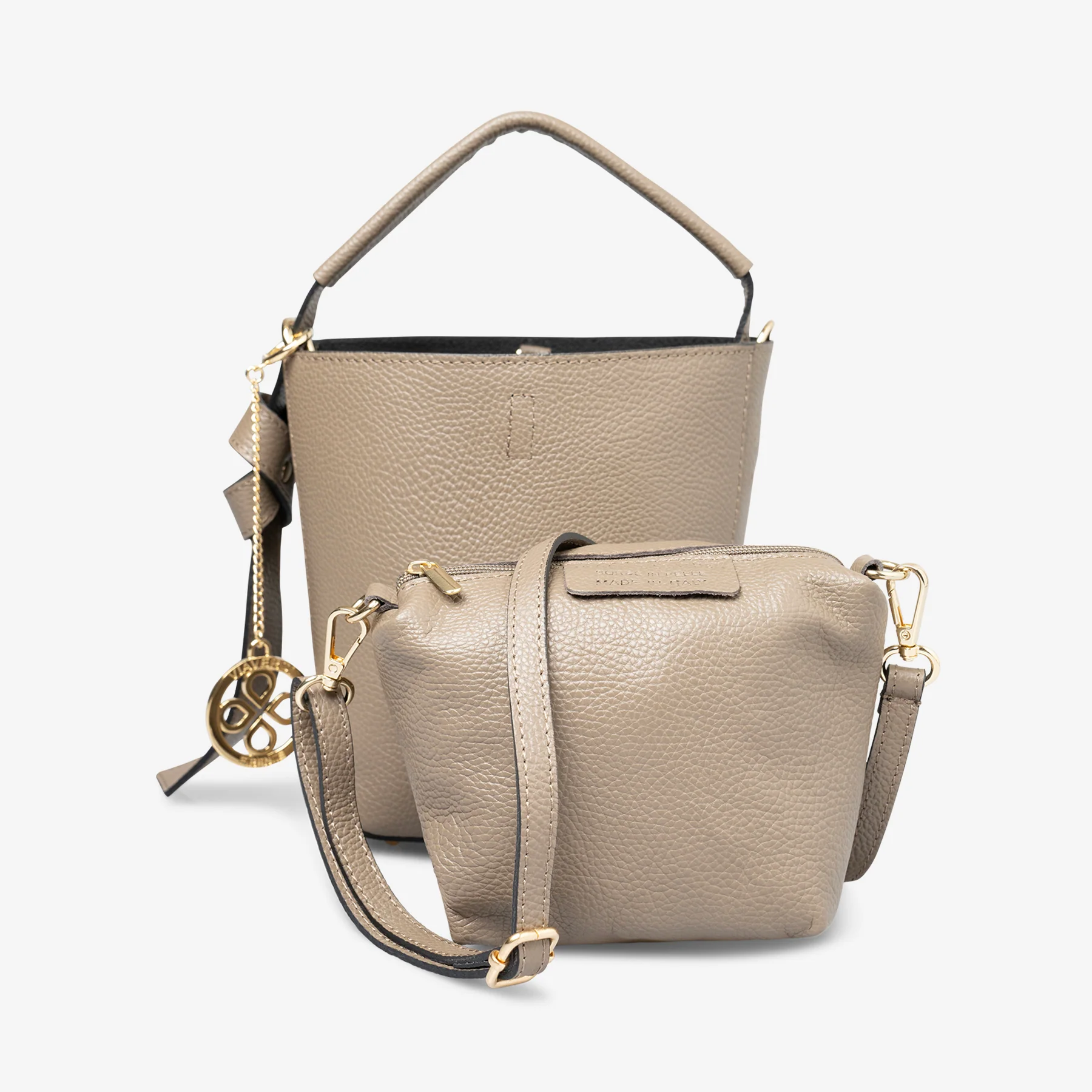 Borsa Secchiello con Tracolla e Pochette VIAVERDI in Pelle Taupe Made in Italy linea Pienza - Image 3